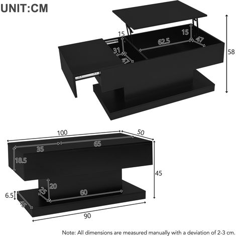 Mesa de centro negra 100x50x45 cm con LED y tablero elevable, paneles de partículas MEUBLIV (1/5)