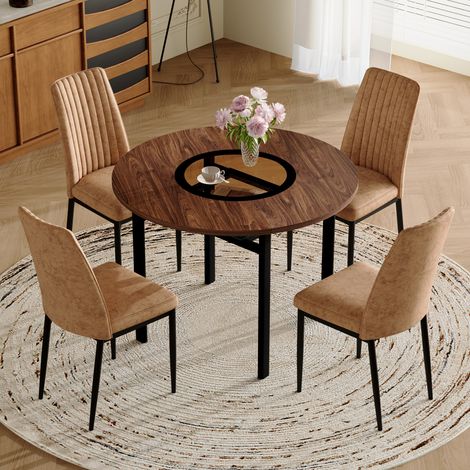 Conjunto de mesa de comedor redonda Ø100 cm con 4 sillas marrones en tejido técnico efecto madera marrón con inserto de cristal
