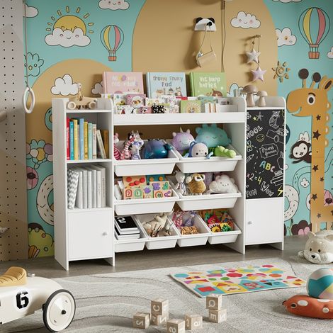 Scaffale Portagiochi per Bambini - Libreria per Bambini e Mobiletto Organizzatore XXL con Lavagna e Contenitori Rimovibili - Arredo Cameretta Montessori - Bianco (1/5)