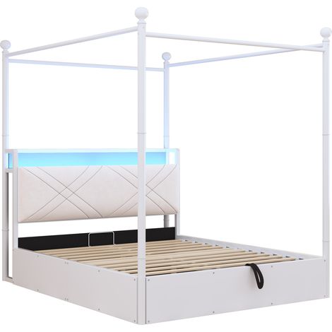 Cama doble de metal blanco 140x190 con almacenaje hidráulico y dosel desmontable (1/5)