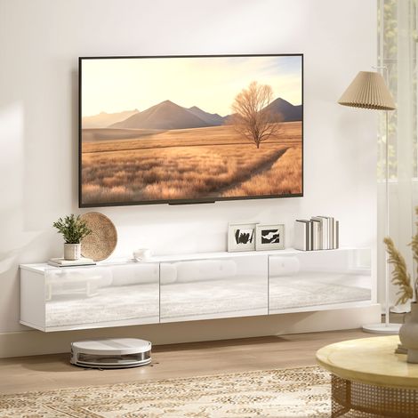 Blanc brillant - Meuble TV mural jusqu’à 82", 3 portes fermeture douce, placards, salon chambre, 180x31,5x29,8 cm