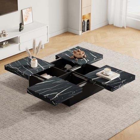 Couchtisch – Quadratischer Couchtisch mit 4 Schubladen und ausziehbarer Tischplatte, praktischer Stauraum für das Wohnzimmer, Spanplatte, schwarz, 90 x 90 x 25 cm