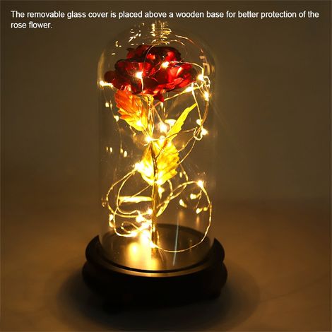 Rose lumineuse LED plaquée or 24 carats avec socle en verre - Cadeau idéal pour la Saint-Valentin ou un mariage (rouge) (1/5)