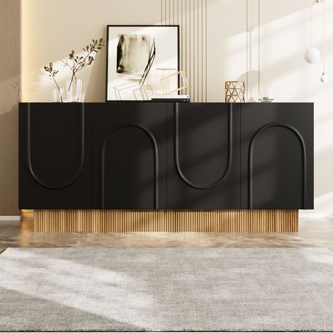 Aparador 160x38x75 cm con 4 puertas, decoración en forma de U, para salón y comedor, de madera, negro (1/5)