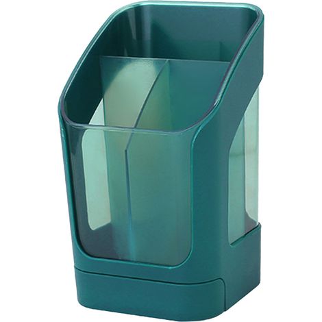 Pot à crayons en PET vert foncé avec tiroir, organisateur de bureau multifonctionnel pour stylos et pinceaux, design trapézoïdal 3 compartiments (1/5)