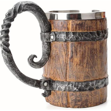 Chope à bière vintage imitation bois style viking médiéval rétro en acier inoxydable 500 ml - Cadeau unique (1/5)