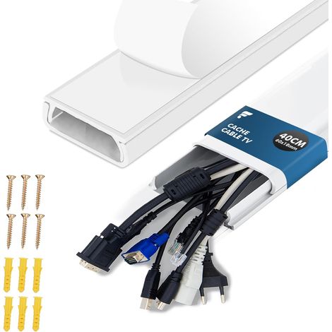 Goulotte TV 0.4m – Passe Cable PVC pour Cache-Câbles Mural, Cache Jusqu'à 110 Câbles, Goulotte Autocollante – Idéal pour l'installation de TV – 40cm(LG) x60mm(l) x18mm(h) - Blanc (1/5)