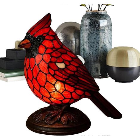 Lampe en vitrail veilleuse Cardinalis en résine décoration de Noël lampe de bureau ornement oiseau pour lit ou chambre (1/5)
