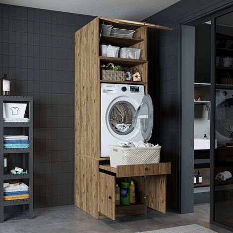 1000 Series Washing Machine Cabinet with Pull Out Shelf and Hinged Door, Modern Tall Laundry Storage Unit, Oak Effect (1/5)