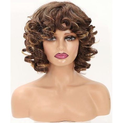 Short afro wigs for black women, curly and voluminous bob wigs with bangs, natural orange-red-blonde synthetic wig