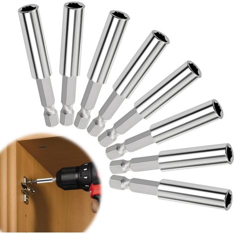 Lot de 8 porte-embouts magnétiques à changement rapide 1/4" en acier inoxydable - Extension d'embout magnétique - Fixation de foret (1/5)