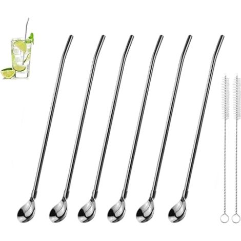 Lot de 6 pailles longues en acier inoxydable réutilisables avec 2 pailles de nettoyage pour smoothies, milkshakes, cocktails, café (1/5)