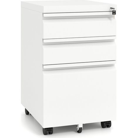 Caisson de bureau blanc en métal à roulettes avec 3 tiroirs verrouillables, rangement A4 et boîte PP pour bureau