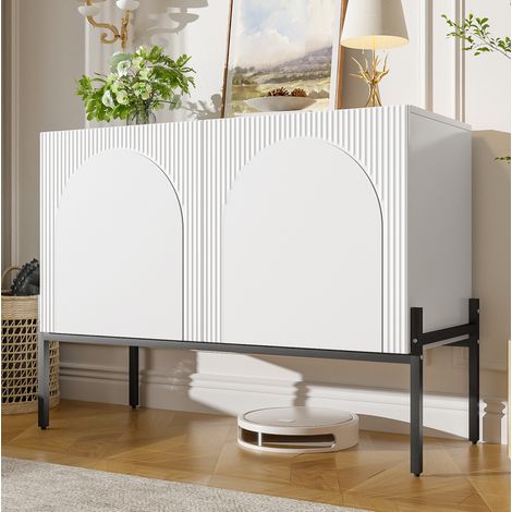 Buffet 2 portes en panneaux de particules, pieds métalliques, blanc, 100 x 40 x 75 cm DESVIAE (1/5)