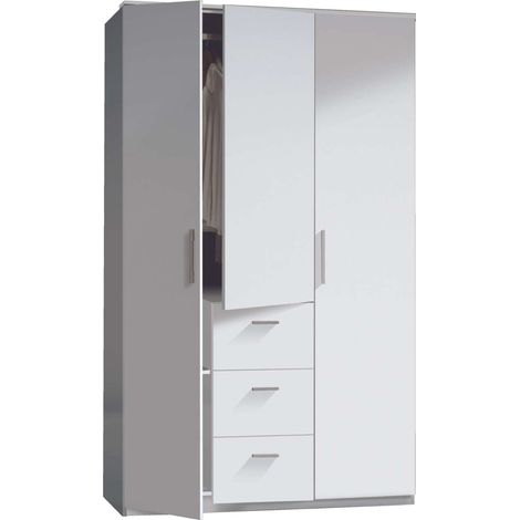 Armario ropero Moleo en acabado blanco de 3 puertas y 3 cajones. 117 cm (ancho), 203 cm (altura), 52 cm(fondo) (1/5)