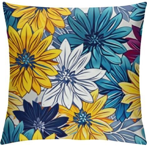 Housse de coussin carrée à motifs de dahlias bleu marine, turquoise et gris jaunâtre, 50 x 50 cm, élégante décoration florale dahlia pour intérieur/extérieur. (1/5)