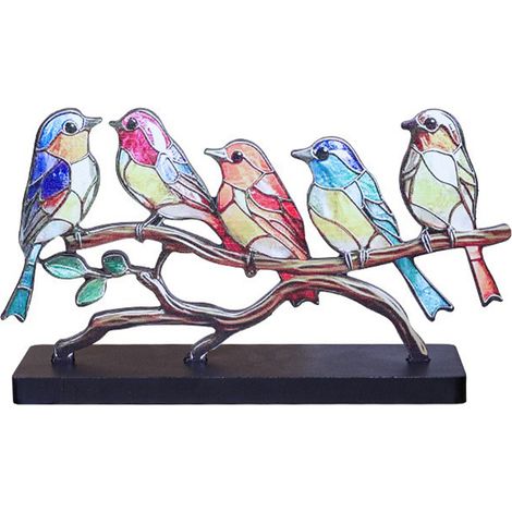 Painted Birds (Five Birds) - Oiseaux décoratifs en bois peint pour la maison, bureau, étagère vin ou entrée (1/5)