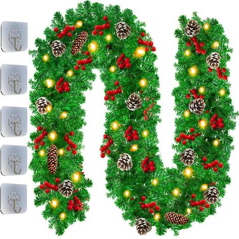 QAZQA Guirlande Noel, Guirlande Sapin Artificiel de 270 cm, Guirlande Escalier Noel avec Lumières, Pomme de Pin Noël Decoration Noel pour Lntérieur ou Extérieur, Cheminée, Escalier, Portes, Fenêtres