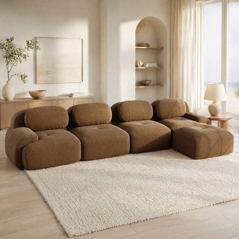 Sofá rinconero 388×178×75 cm marrón en pana, modular y sin montaje (1/5)