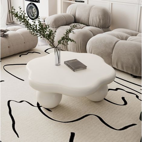 Table basse en MDF blanc crème 80 x 80 x 35 cm, forme nuage avec pieds sphériques (1/5)