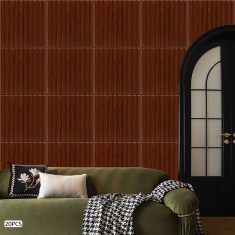 Lot de 20 panneaux muraux décoratifs 3D en PVC effet bois, 50 × 50 cm, surface imperméable et anti-tache, installation facile, pour salon, chambre, bureau et restaurant (bois foncé) (1/5)