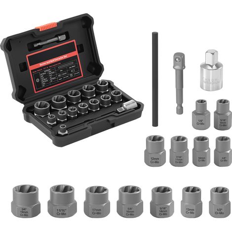 Mophorn 16-teiliges Bolzenausdreher-Set mit Adaptern, Stiftaustreibern und robustem Aufbewahrungskoffer, Schraubenlöser aus Cr-Mo-Stahl für das Entfernen von Bolzen, Muttern und Schrauben (1/5)