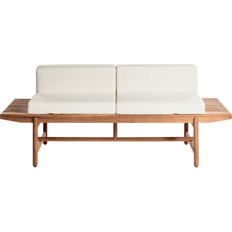 Banco de jardín de madera de acacia 210 x 84 cm 2 plazas diseño rústico madera clara con cojines blanco crema Giaveno