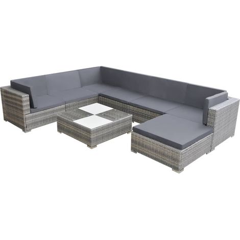 Vidaxl – Salon de jardin 8 pcs – Résine tressée gris – 3 canapés d'angle, 3 canapés centraux, 1 table à thé, 1 repose-pied – Coussins épais amovibles