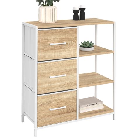 UTAH Credenza a 3 cassetti con ripiani, 70 cm, design industriale in legno e bianco