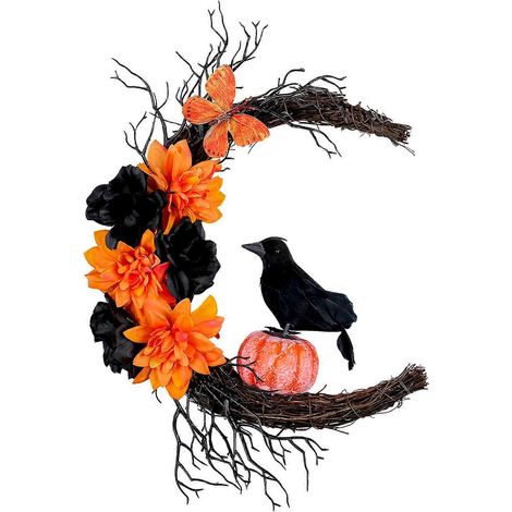 Floral branche corbeau lune porte panneau, avec oiseau, pour Halloween fenêtre jardin décoration de fête (1/5)