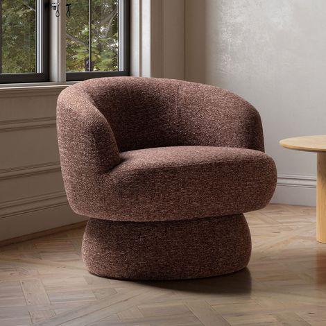 Fauteuil design rond pivotant en tissu texturé chiné marron (1/5)