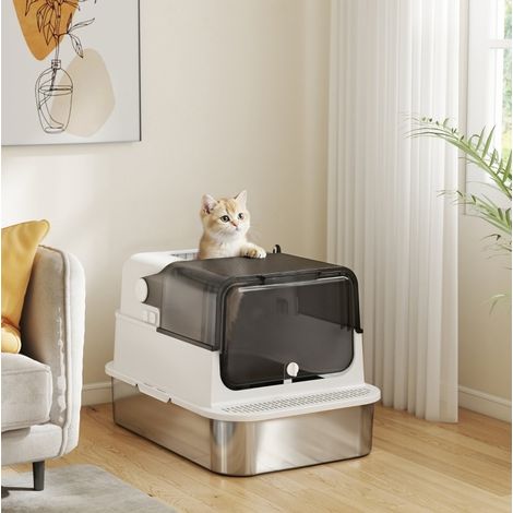Bac à litière XXL 70x50x46,5 cm en acier inox blanc, anti-fuite pour chats FloraGrace (1/5)