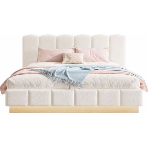 Letto Matrimoniale Contenitore con LED e Testiera Imbottita, 180 x 200 cm, senza Materasso, Bianco Bouclé (1/5)