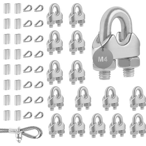 Packung mit 16 M4-Kabelklemmen aus Edelstahl – Stahl 304 und Aluminium – 4-mm-Kabelbefestigung – Für den Innen- und Außenbereich – Zum Spannen und für Heimwerkerprojekte (1/5)
