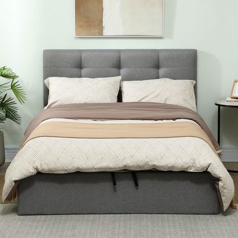 Lit coffre 140x190, cadre de lit double rembourré avec sommier à lattes en bois et rangement cach, gris, sans matelas (1/4)