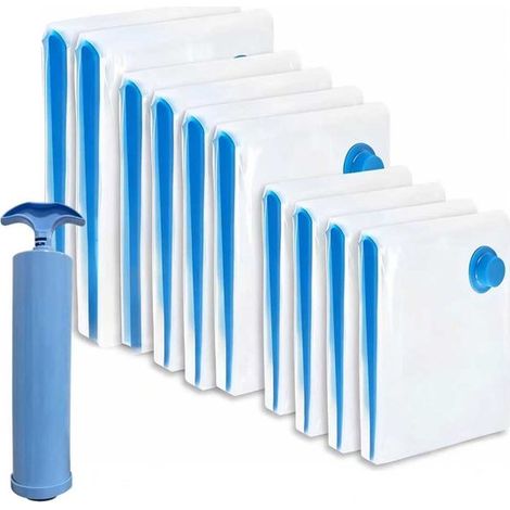 10 pièces - Sacs de rangement sous vide - 3 tailles - 2 sacs géants - Avec pompe manuelle - Hermétiques - Gain de place - Extra résistants - Voyage et rangement (1/2)