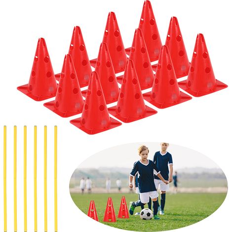 Randaco Agility sport Kit de haies à enfoncer, 12 Cônes + 6 Barres, Hauteur réglable, pour Entraînement de Équipe de Football - agility