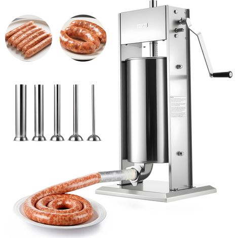 Poussoir à Saucisses Manuel 15 L, Machine à Saucisses Verticale en Acier Inoxydable, Appareil pour Remplissage de Saucissons Restaurant Boucherie Maison, Deux Vitesses, 5 Tubes de Remplissage (1/5)
