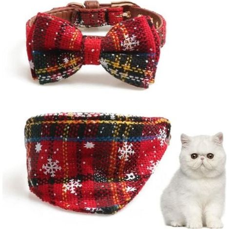 1 collier nœud papillon et foulard triangulaire pour chien et chat, motif flocon de neige rouge, ajustable, en cuir PU et tissu doux (1/5)