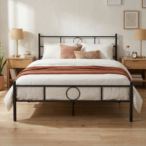FurnitureR Metal Bed Frame, Simple and Solid Frame with Modern Decorative Circle Design, Perfect for Bedroom, Studio or Apartment, Double Size, Suitable for 140x190CM Mattress, Black