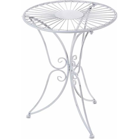 Tables rondes en métal blanc patiné effet vintage, pieds papillon, idéales pour terrasses, vitrines et événements, diam. 44 cm x H. 54