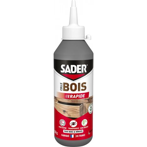 Colle à bois transparente 250g – Prise rapide 2 min – Résistance à +70°C – Pour tous bois intérieurs – Application précise – Sader (1/5)