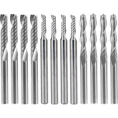 Juego de 12 fresas de carburo para router, 4 fresas de doble filo de 0,32 cm y 8 fresas de un solo filo (2 tipos) para nylon, resina, ABS, acrílico, PVC, MDF y madera dura.