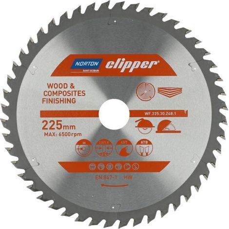 Kreissäge Norton 225mm x 30mm x 48T (2,8 / 1,8) , Querschnitt, für Holz und Verbundwerkstoffe, ATB-Geometrie, Hartmetallzähne, hohe Lebensdauer, 9500 U/min