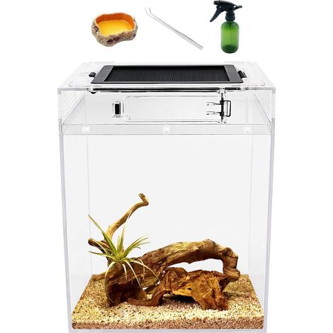 Reptile Growth Kit de terrarium haut, 20 x 20 x 28 cm, bac à reptiles avec grille supérieure coulissante d'aération, pour serpent, grenouille, insecte, tarente, ermite (1/5)