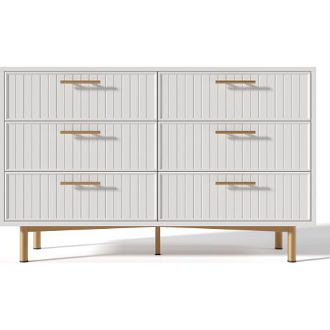 Commode 6 tiroirs, blanc, pour chambre et salon, 120x40x75 cm