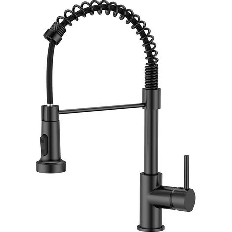 Grifo de cocina negro - grifo mezclador de cocina con rociador de fregadero de arco alto giratorio 360° - rociador extraíble, 2 posiciones (1/5)