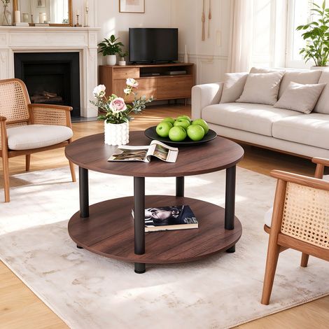 Table basse ronde à deux niveaux, diamètre 60 cm hauteur 48,5 cm, plateau MDF aspect bois, pieds métalliques, table de salon avec rangement supplémentaire, noyer clair (1/5)