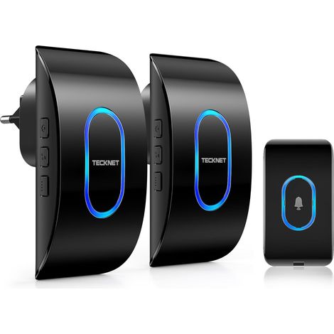 Sonnette sans Fil Exterieur Etanche avec 2 Récepteurs, Portée de 400M, IP65 Etanche Carillon, 60 Mélodies et 5 Niveaux Volume, Indicateur LED Bleu, pour Maison, Hôtel -Noir