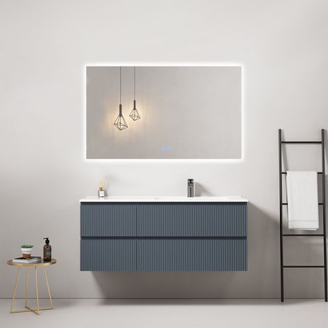 Mobile bagno sospeso cannettato 120 cm Blu Mare Lavabo a Destra in Ceramica Specchio Quadro Retroilluminato - Fiji Paint (1/4)